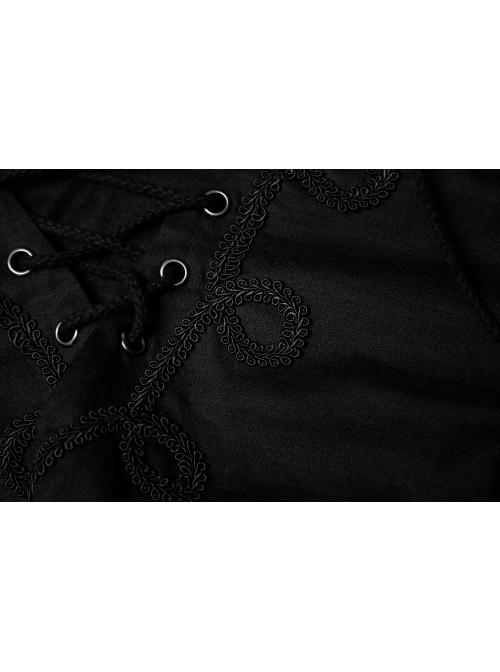 V-Neck Metal Eyelets Lace-Up Lantern Sleeve Black Gothic Shirt