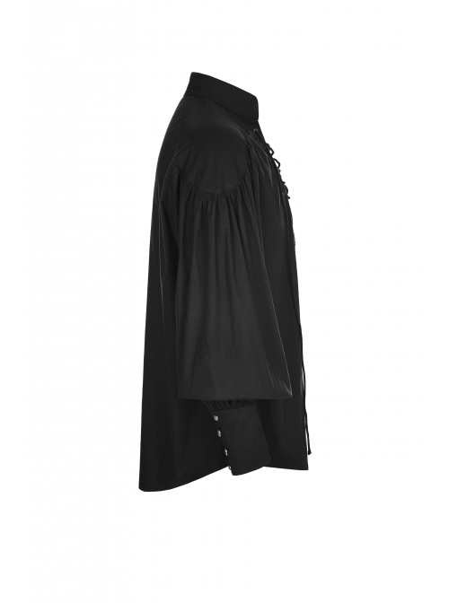 V-Neck Metal Eyelets Lace-Up Lantern Sleeve Black Gothic Shirt