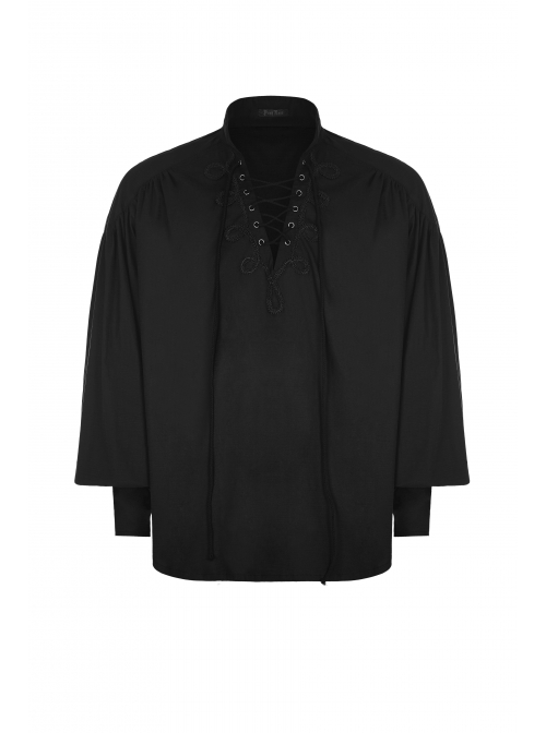 V-Neck Metal Eyelets Lace-Up Lantern Sleeve Black Gothic Shirt