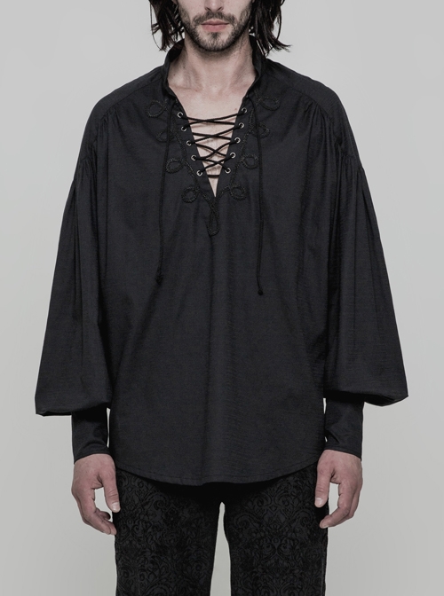 V-Neck Metal Eyelets Lace-Up Lantern Sleeve Black Gothic Shirt