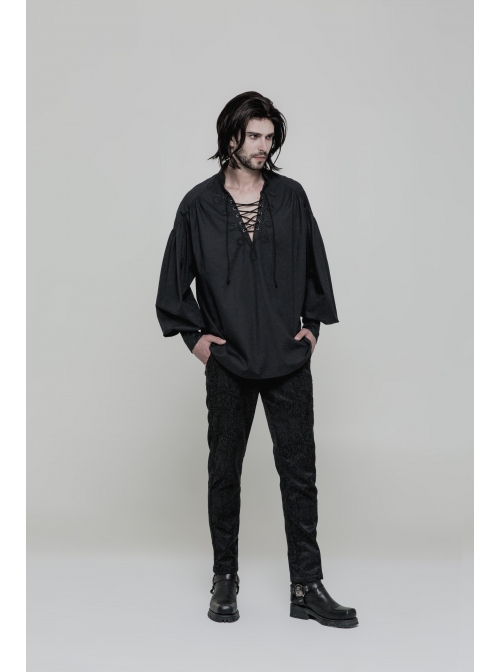 V-Neck Metal Eyelets Lace-Up Lantern Sleeve Black Gothic Shirt