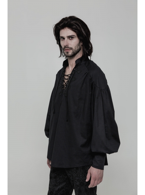 V-Neck Metal Eyelets Lace-Up Lantern Sleeve Black Gothic Shirt