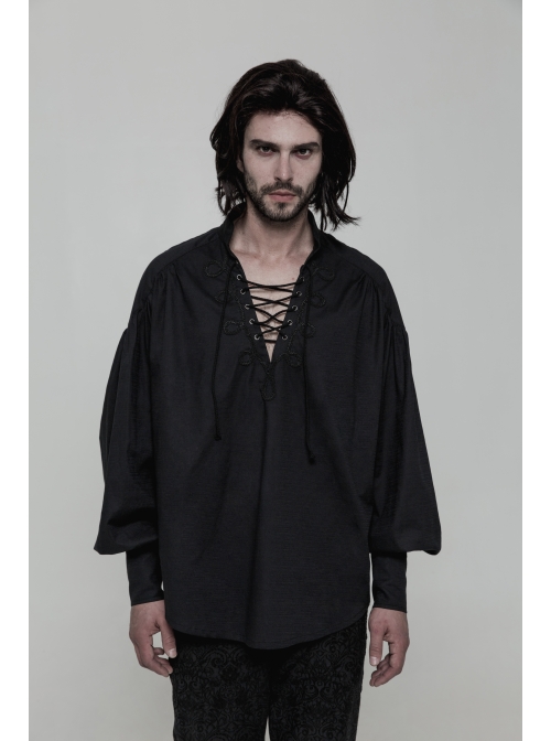 V-Neck Metal Eyelets Lace-Up Lantern Sleeve Black Gothic Shirt