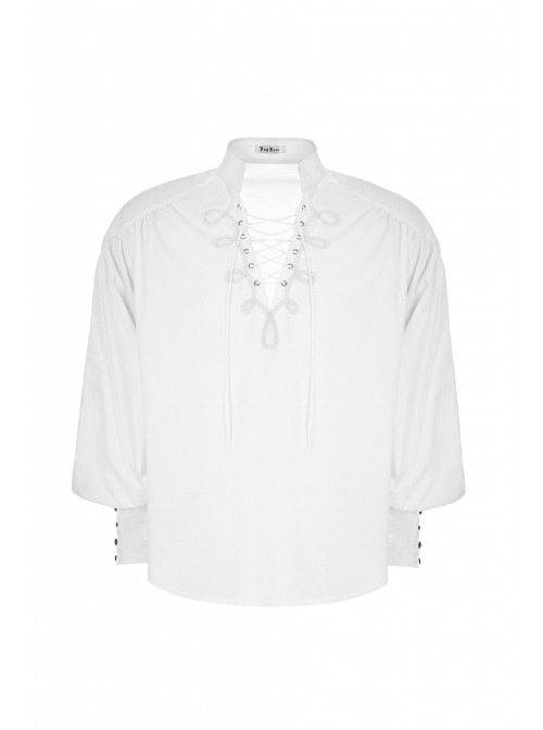 V-Neck Metal Eyelets Lace-Up Lantern Sleeve White Gothic Shirt