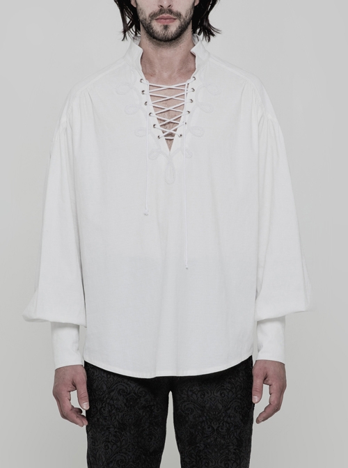 V-Neck Metal Eyelets Lace-Up Lantern Sleeve White Gothic Shirt
