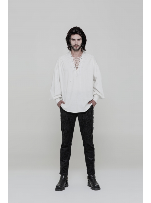 V-Neck Metal Eyelets Lace-Up Lantern Sleeve White Gothic Shirt