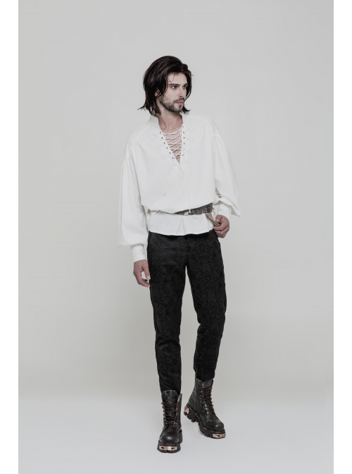 V-Neck Metal Eyelets Lace-Up Lantern Sleeve White Gothic Shirt