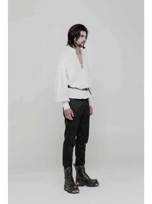 V-Neck Metal Eyelets Lace-Up Lantern Sleeve White Gothic Shirt