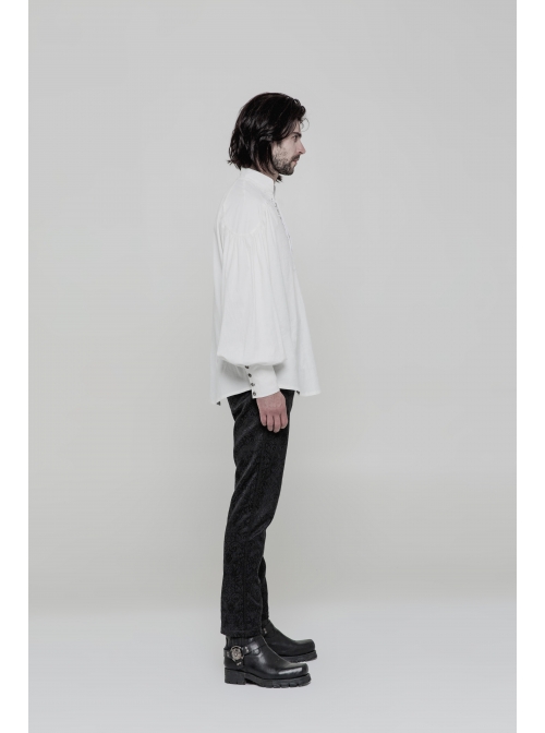 V-Neck Metal Eyelets Lace-Up Lantern Sleeve White Gothic Shirt