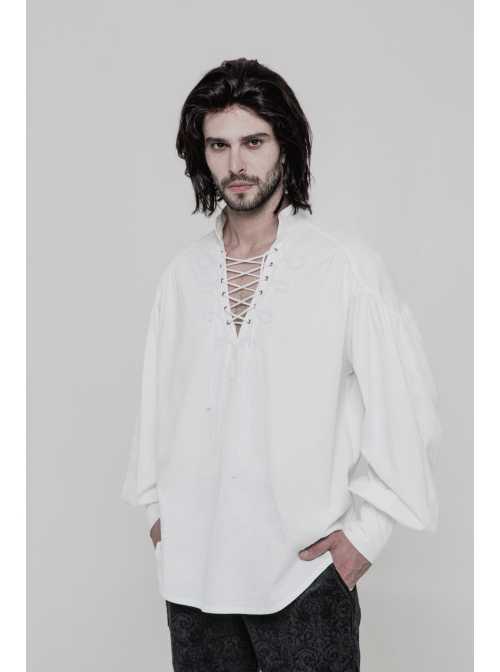 V-Neck Metal Eyelets Lace-Up Lantern Sleeve White Gothic Shirt