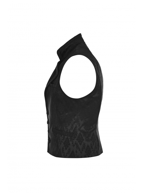 Black Jacquard V-Neck Front Button Slit Rear Hem Gothic Vest