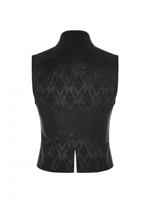 Black Jacquard V-Neck Front Button Slit Rear Hem Gothic Vest