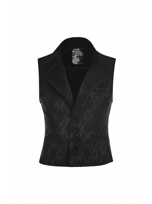 Black Jacquard V-Neck Front Button Slit Rear Hem Gothic Vest