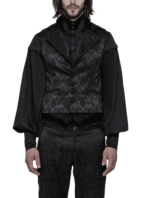 Black Jacquard V-Neck Front Button Slit Rear Hem Gothic Vest