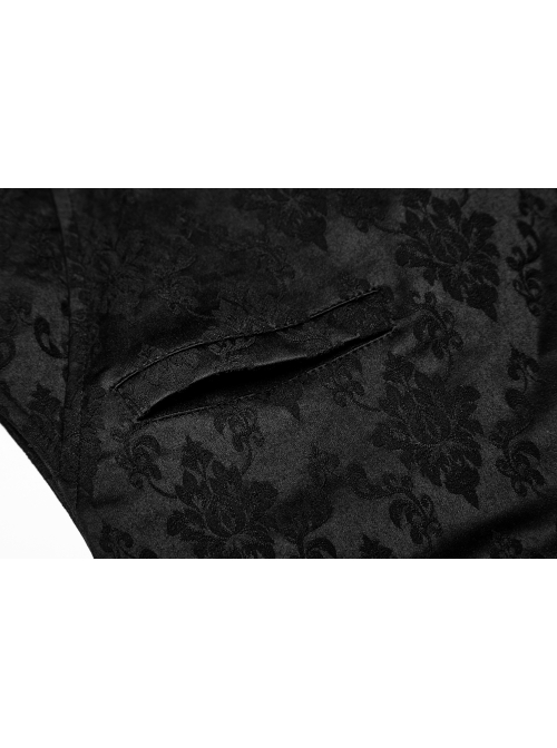Black Jacquard V-Neck Front Button Slit Rear Hem Gothic Vest