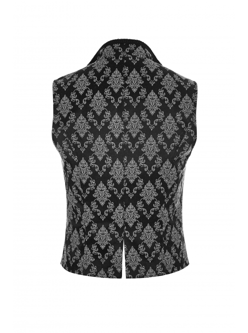 Black And White Jacquard V-Neck Front Button Slit Rear Hem Gothic Vest