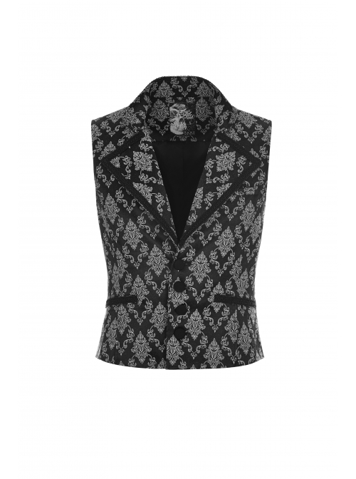 Black And White Jacquard V-Neck Front Button Slit Rear Hem Gothic Vest