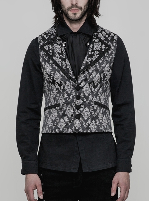 Black And White Jacquard V-Neck Front Button Slit Rear Hem Gothic Vest