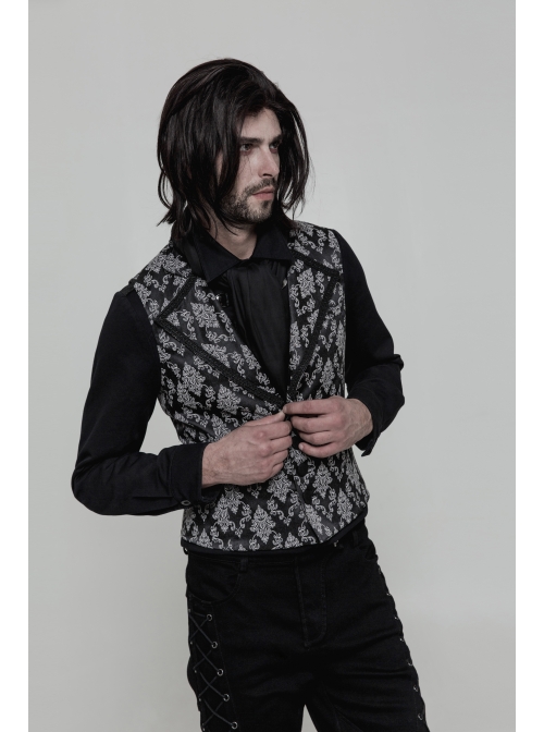 Black And White Jacquard V-Neck Front Button Slit Rear Hem Gothic Vest