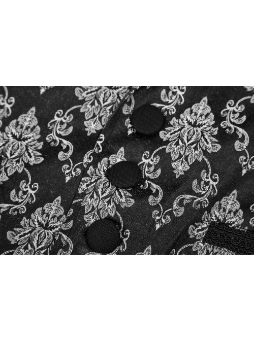Black And White Jacquard V-Neck Front Button Slit Rear Hem Gothic Vest