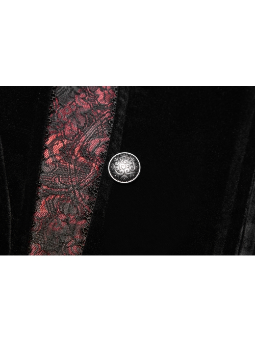 Stand-Up Collar Front Metal Button Splice Red Wine Jacquard Woven Back Lace-Up Dovetail Hem Black Gothic Velveteen Woven Dress Coat