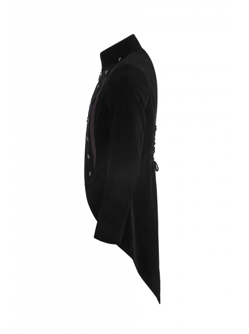Stand-Up Collar Front Metal Button Splice Red Wine Jacquard Woven Back Lace-Up Dovetail Hem Black Gothic Velveteen Woven Dress Coat