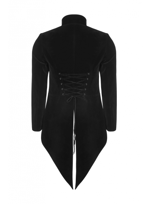 Stand-Up Collar Front Metal Button Splice Red Wine Jacquard Woven Back Lace-Up Dovetail Hem Black Gothic Velveteen Woven Dress Coat