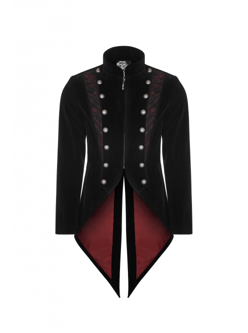 Stand-Up Collar Front Metal Button Splice Red Wine Jacquard Woven Back Lace-Up Dovetail Hem Black Gothic Velveteen Woven Dress Coat