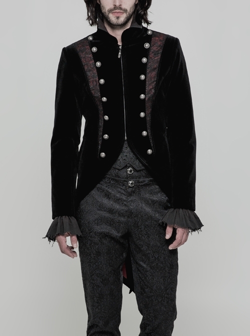 Stand-Up Collar Front Metal Button Splice Red Wine Jacquard Woven Back Lace-Up Dovetail Hem Black Gothic Velveteen Woven Dress Coat