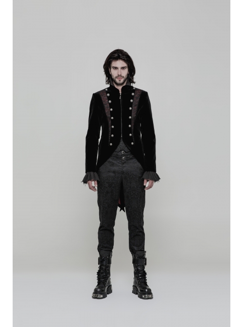 Stand-Up Collar Front Metal Button Splice Red Wine Jacquard Woven Back Lace-Up Dovetail Hem Black Gothic Velveteen Woven Dress Coat
