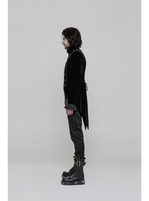 Stand-Up Collar Front Metal Button Splice Red Wine Jacquard Woven Back Lace-Up Dovetail Hem Black Gothic Velveteen Woven Dress Coat