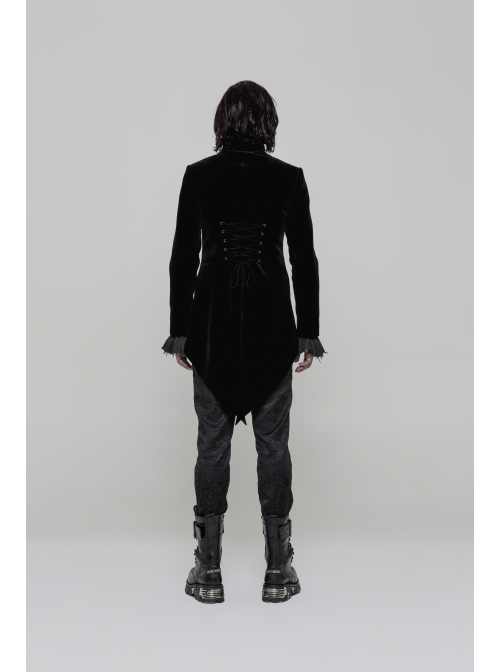 Stand-Up Collar Front Metal Button Splice Red Wine Jacquard Woven Back Lace-Up Dovetail Hem Black Gothic Velveteen Woven Dress Coat