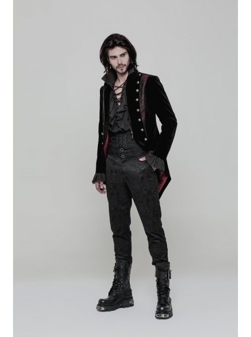 Stand-Up Collar Front Metal Button Splice Red Wine Jacquard Woven Back Lace-Up Dovetail Hem Black Gothic Velveteen Woven Dress Coat