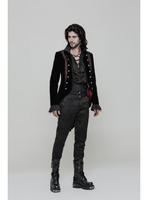 Stand-Up Collar Front Metal Button Splice Red Wine Jacquard Woven Back Lace-Up Dovetail Hem Black Gothic Velveteen Woven Dress Coat