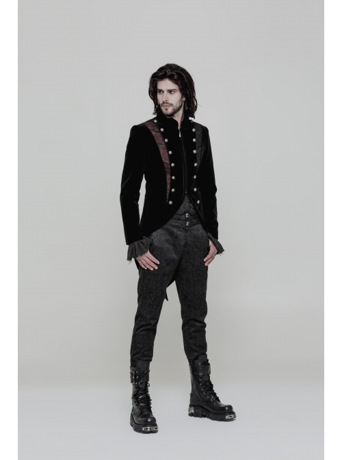 Stand-Up Collar Front Metal Button Splice Red Wine Jacquard Woven Back Lace-Up Dovetail Hem Black Gothic Velveteen Woven Dress Coat