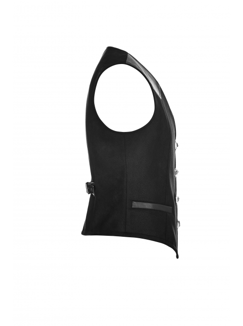 V-Neck Front Metal Hasp Back Waist Leather Hasp Black Punk Waistcoat