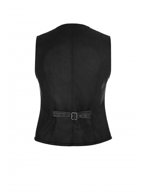 V-Neck Front Metal Hasp Back Waist Leather Hasp Black Punk Waistcoat