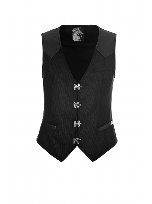 V-Neck Front Metal Hasp Back Waist Leather Hasp Black Punk Waistcoat