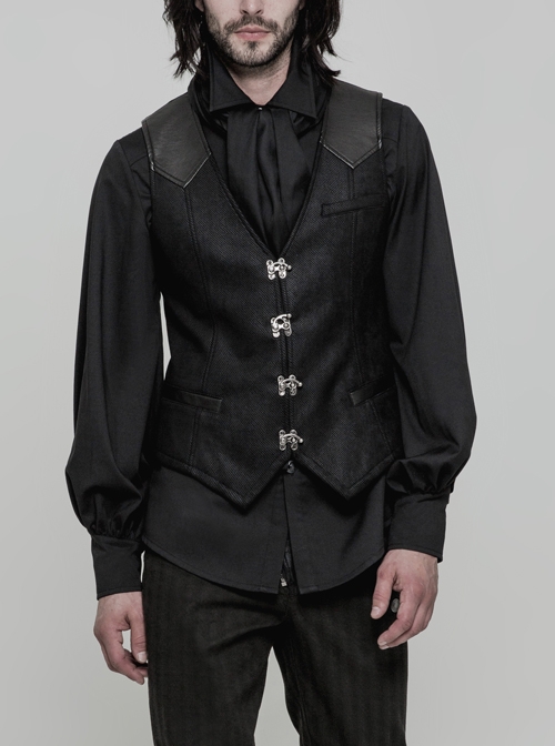 V-Neck Front Metal Hasp Back Waist Leather Hasp Black Punk Waistcoat