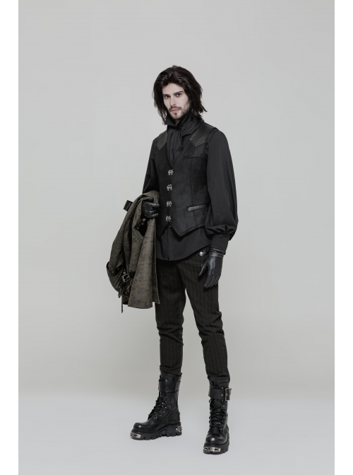 V-Neck Front Metal Hasp Back Waist Leather Hasp Black Punk Waistcoat