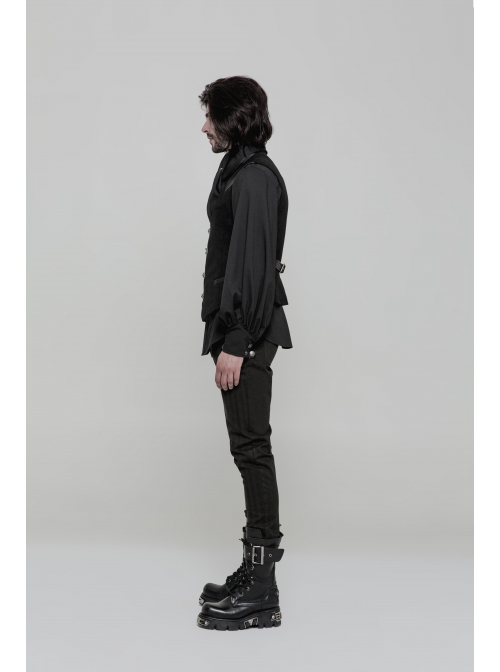 V-Neck Front Metal Hasp Back Waist Leather Hasp Black Punk Waistcoat
