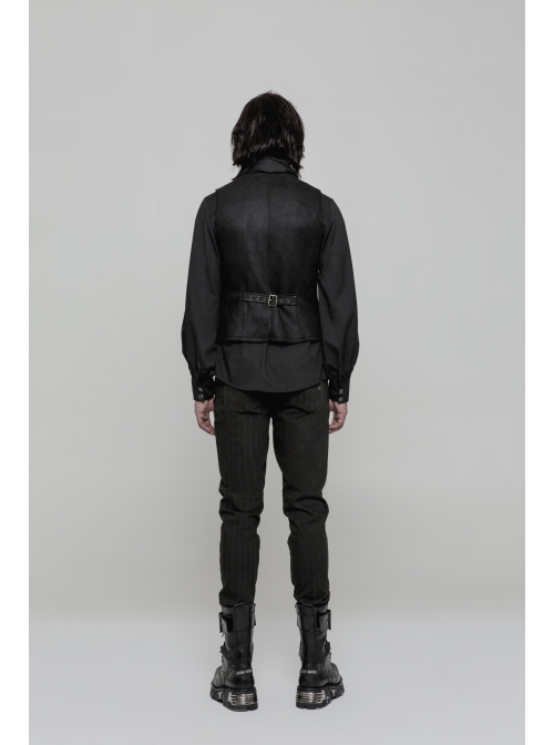 V-Neck Front Metal Hasp Back Waist Leather Hasp Black Punk Waistcoat