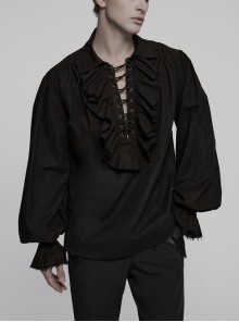 Lace-Up Collar Front Chest Frill Lantern Sleeve Rough Selvedge Cuff Black Punk Shirt