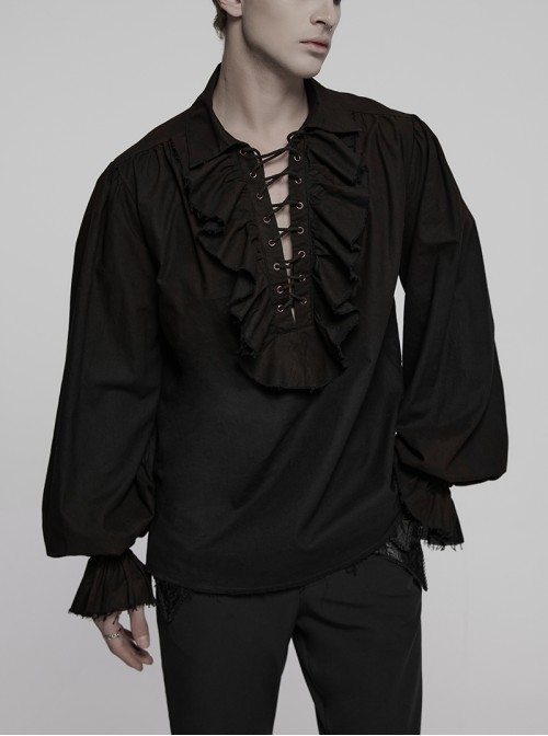 Lace-Up Collar Front Chest Frill Lantern Sleeve Rough Selvedge Cuff Black Punk Shirt