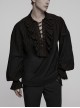 Lace-Up Collar Front Chest Frill Lantern Sleeve Rough Selvedge Cuff Black Punk Shirt
