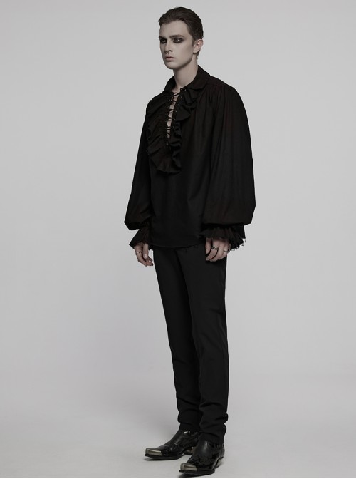 Lace-Up Collar Front Chest Frill Lantern Sleeve Rough Selvedge Cuff Black Punk Shirt