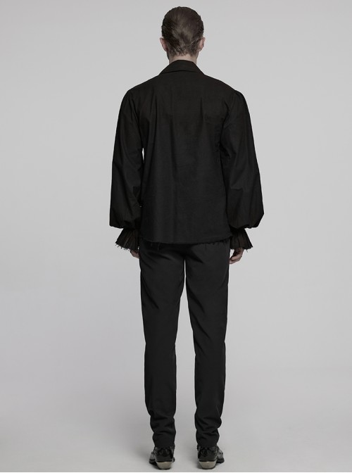 Lace-Up Collar Front Chest Frill Lantern Sleeve Rough Selvedge Cuff Black Punk Shirt