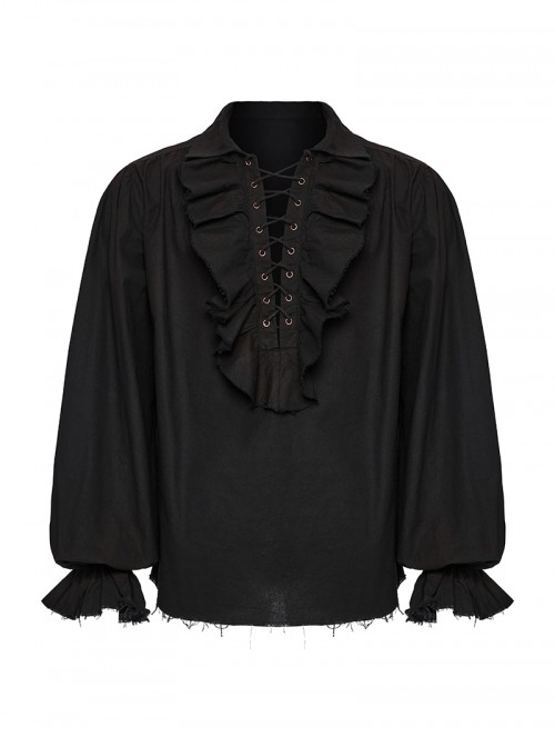 Lace-Up Collar Front Chest Frill Lantern Sleeve Rough Selvedge Cuff Black Punk Shirt