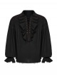 Lace-Up Collar Front Chest Frill Lantern Sleeve Rough Selvedge Cuff Black Punk Shirt