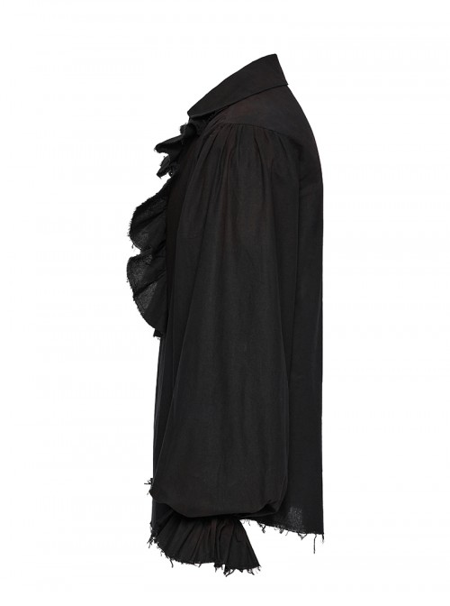 Lace-Up Collar Front Chest Frill Lantern Sleeve Rough Selvedge Cuff Black Punk Shirt